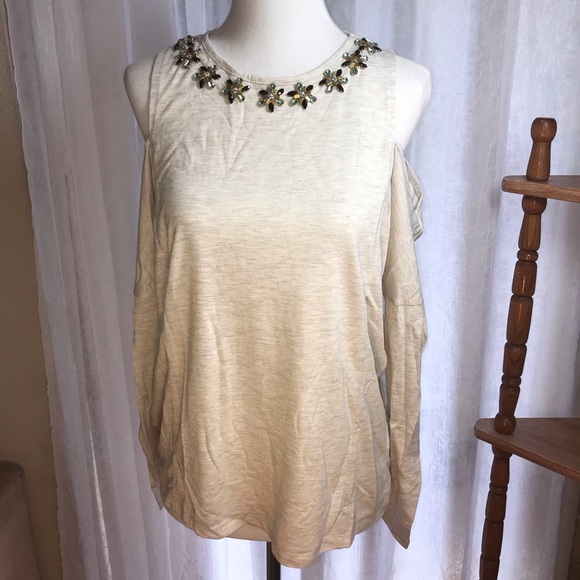 Romeo Juliet Cold Shoulder Top Shirt Blouse Small Beaded Neutral Color Outmeal - Picture 6 of 8